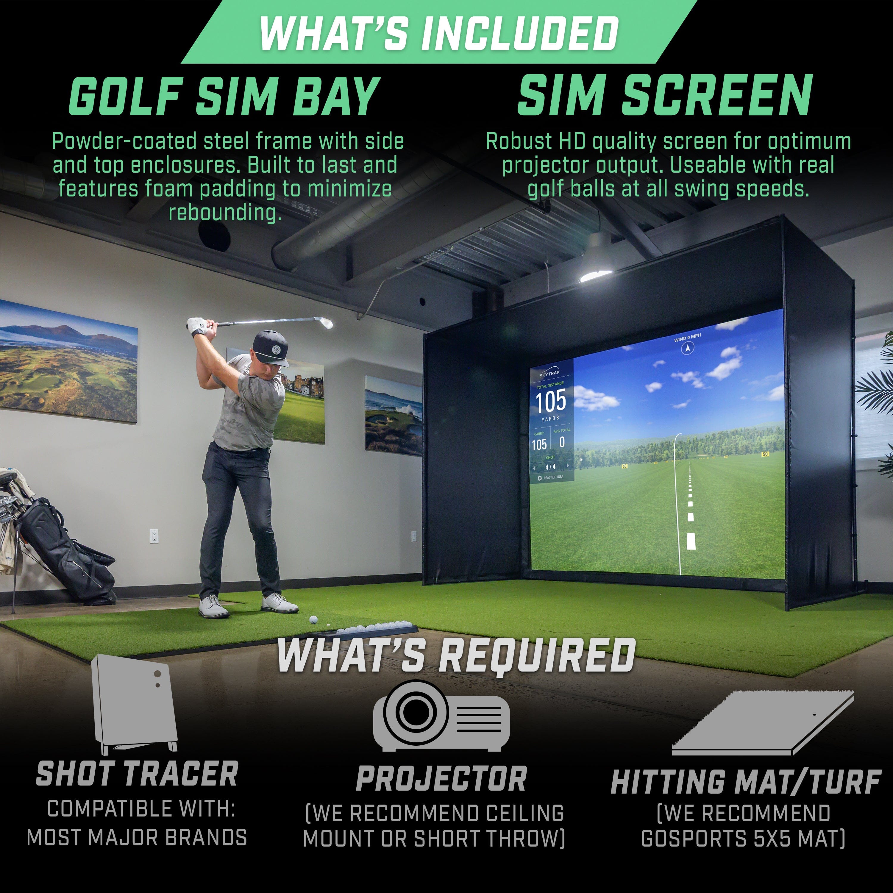 GoSports 10 x 8 ft Golf Simulator Enclosure Net - Complete Set with Frame and HD Impact Screen Kit