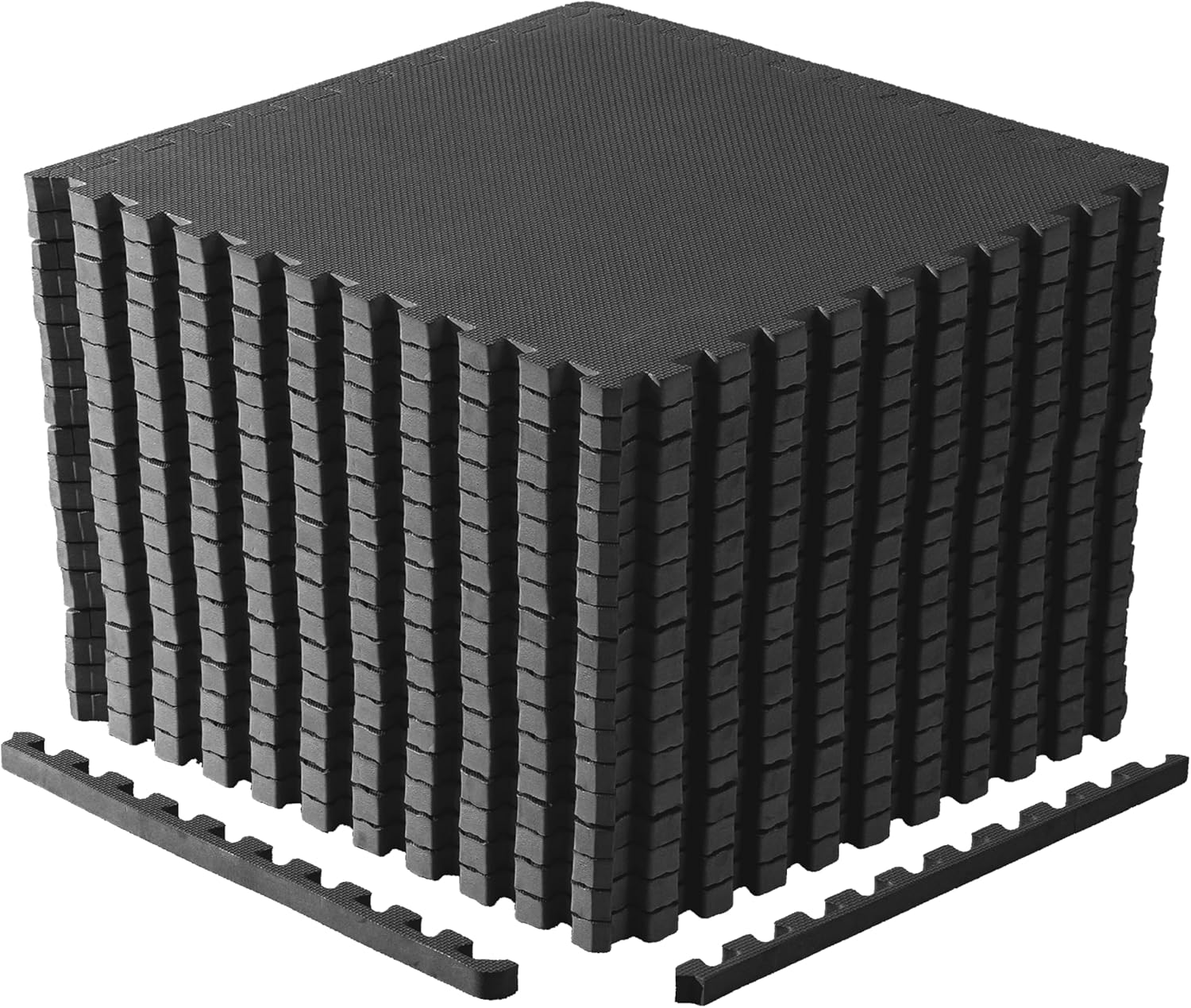 Black one-inch interlocking EVA foam floor tiles with edge pieces