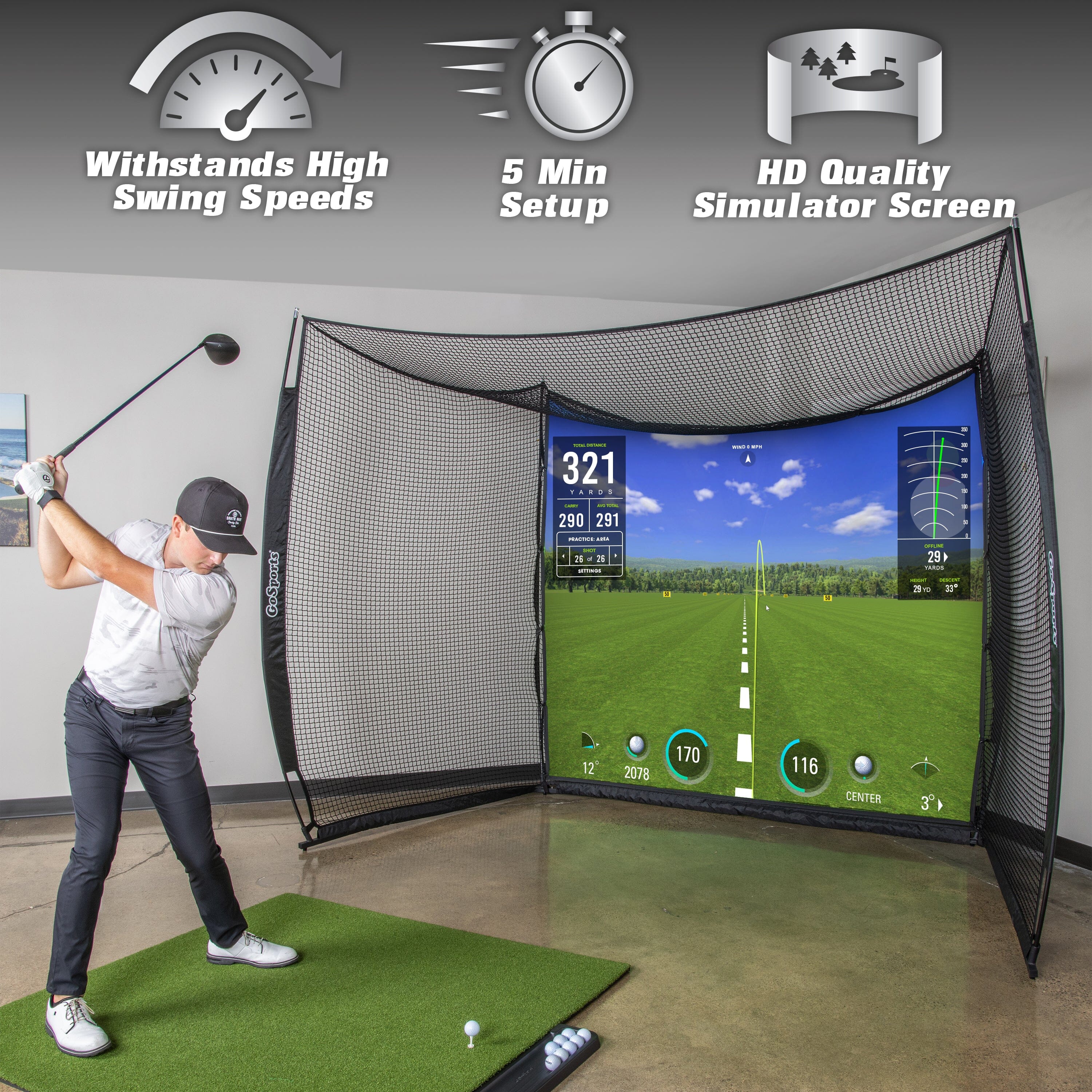 GoSports Range Cage 10 ft x 8 ft Golf Practice Hitting Net with Simulator Impact Screen