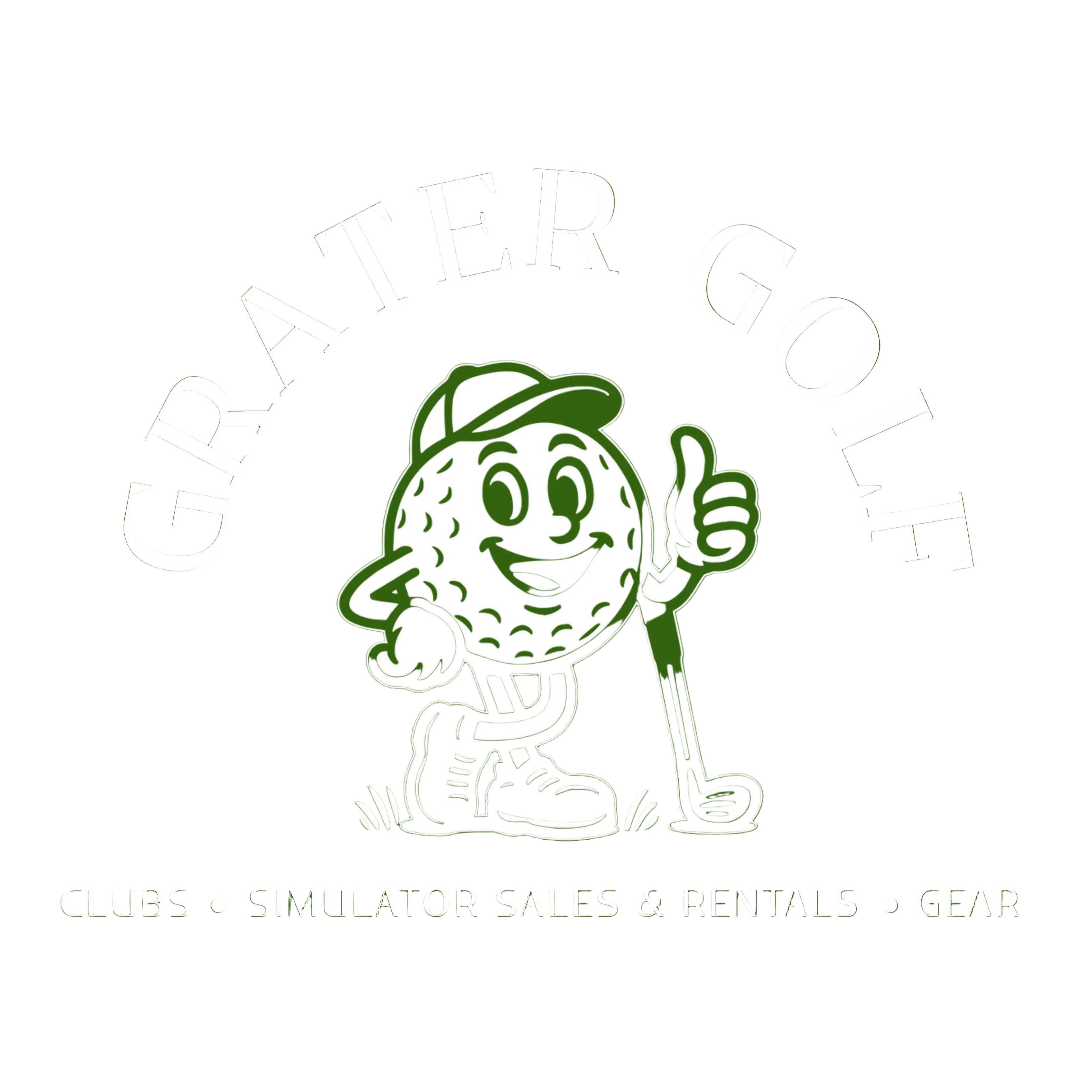 Grater Golf logo featuring a white cartoon golf ball character giving a thumbs-up on a solid green background, with the text 'GRATER GOLF' and 'CLUBS • SIMULATOR SALES & RENTALS • GEAR'.