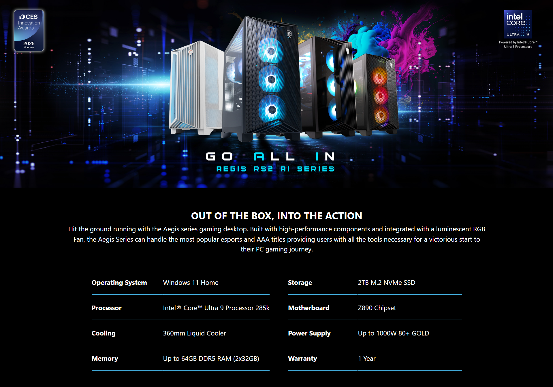 Sim PC MAX - MSI Aegis RS2 AI Gaming PC Intel Ultra 7 265K Nvidia RTX 5070 32GB 1TB SSD W11HA