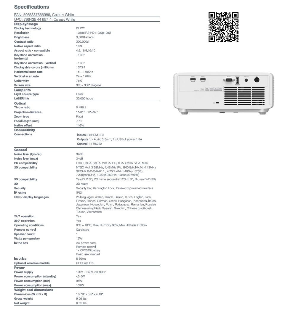 Optoma GT2000HDR 3D Ready Short Throw DLP Projector - 16:9 - White