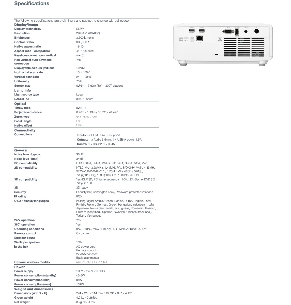 Optoma ZW350ST 3D Short Throw DLP Projector - 16:9 - White